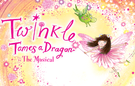 Twinkle the fairy flying beside a small green dragon in a swirl of pink sparkles.