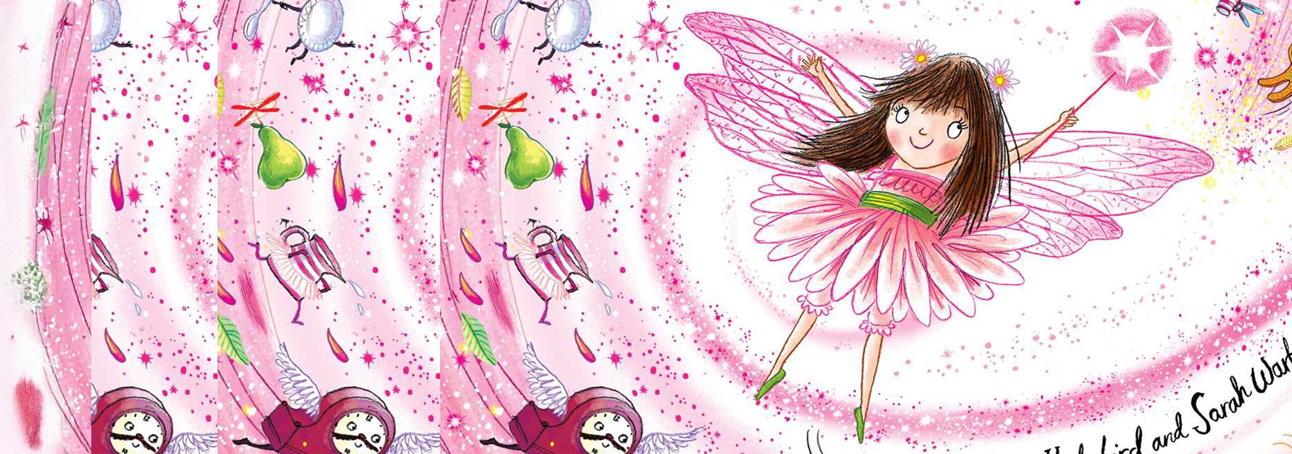 Twinkle, a little girl in a pink petal dress with sparkling wings, flying with her wand raised through a swirl of pink stars.